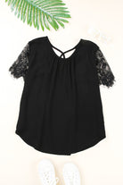 Strappy Neck Spliced Lace Eyelash Trim Blouse - Guy Christopher 