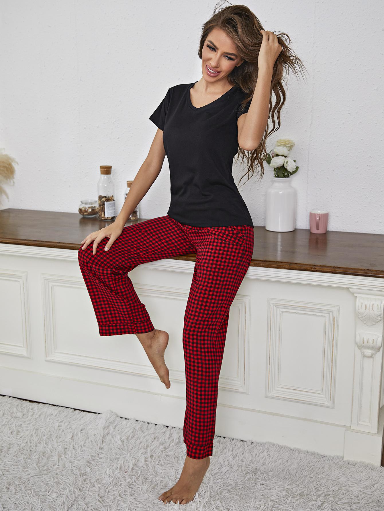 V-Neck Top and Gingham Pants Lounge Set - Guy Christopher 