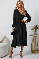 V-Neck Long Sleeve Tie Waist Midi Dress - Guy Christopher 