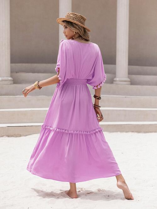 Tassel Trim Smocked V-Neck Short Sleeve Dress - Guy Christopher 