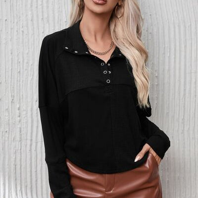 Ribbed Knit Henry Collar Loose Fitting Long Sleeve Top