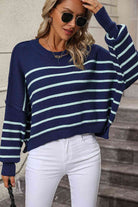 Striped Dropped Shoulder Round Neck Pullover Sweater - Guy Christopher 