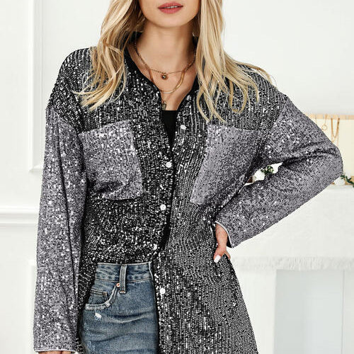 Sequin Button Up Collared Neck Shirt