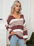 Striped V-Neck Long Sleeve Knit Top - Guy Christopher 