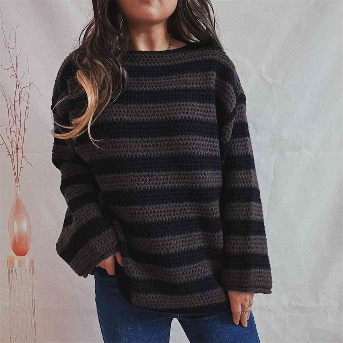 Striped Round Neck Long Sleeve Sweater - Guy Christopher 