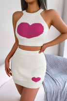 Heart Contrast Ribbed Sleeveless Knit Top and Skirt Set - Guy Christopher 