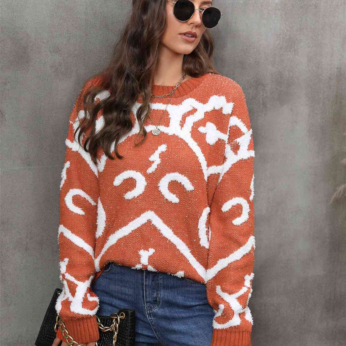 Printed Round Neck Long Sleeve Sweater