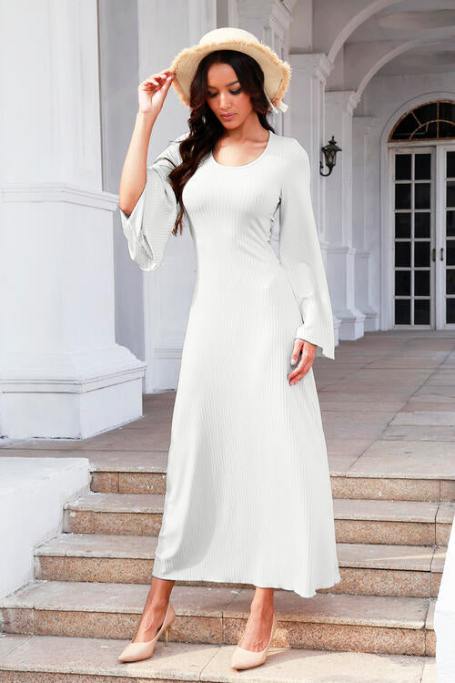 Tie Back Ribbed Round Neck Long Sleeve Dress - Guy Christopher 