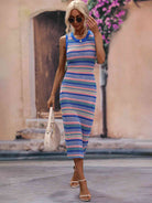 Striped Round Neck Sleeveless Midi Cover Up Dress - Guy Christopher 