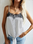 Sweetheart Neck Lace Detail Tie Front Striped Cami - Guy Christopher 