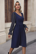 V-Neck Flounce Sleeve Pleated Dress - Guy Christopher 