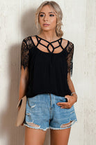 Strappy Neck Spliced Lace Eyelash Trim Blouse - Guy Christopher 