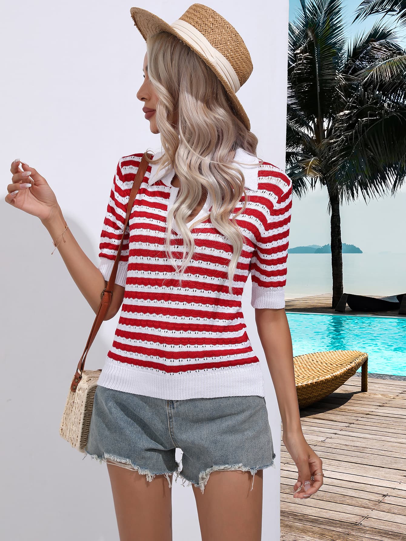 Striped Johnny Collar Half Sleeve Knit Top - Guy Christopher 