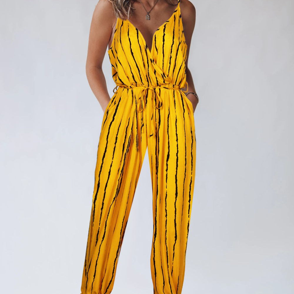 Striped Contrast Tie Ankle Spaghetti Strap Jumpsuit - Guy Christopher 