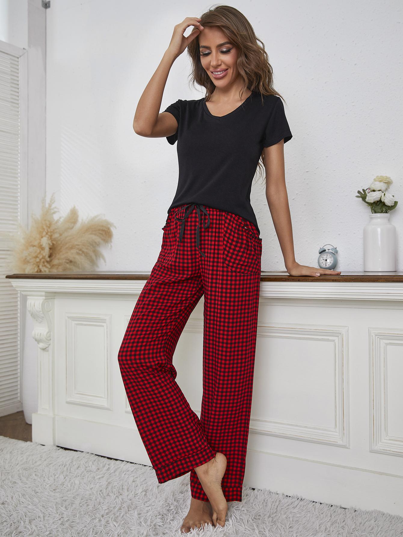 V-Neck Top and Gingham Pants Lounge Set - Guy Christopher 