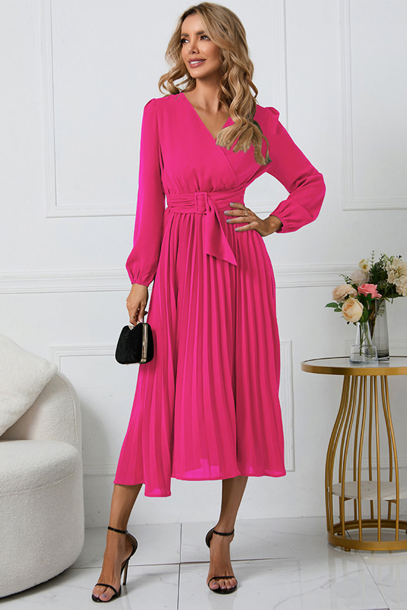 V-Neck Long Sleeve Tie Waist Midi Dress - Guy Christopher 