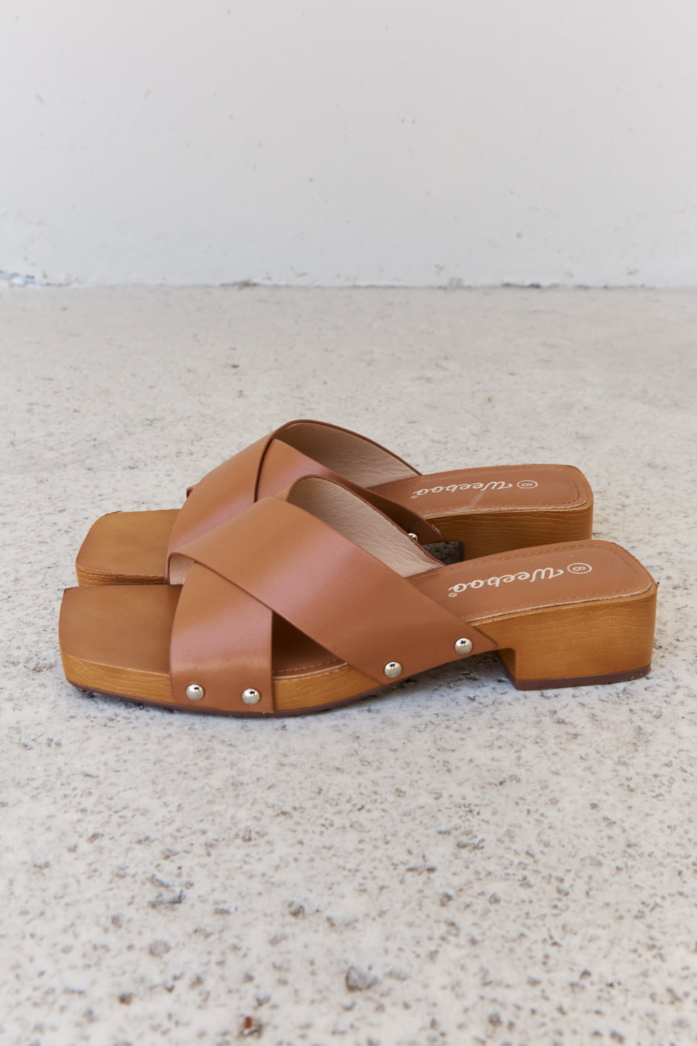 Weeboo Step Into Summer Criss Cross Wooden Clog Mule in Brown - Guy Christopher 