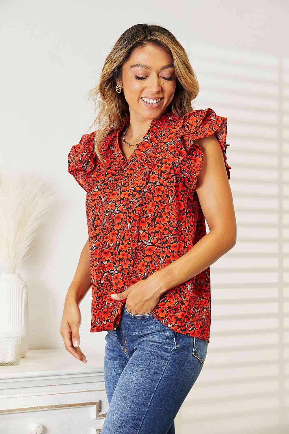 Double Take Floral Flutter Sleeve Notched Neck Blouse - Guy Christopher 