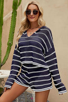 Striped Openwork Knit Hoodie and Shorts Set - Guy Christopher 