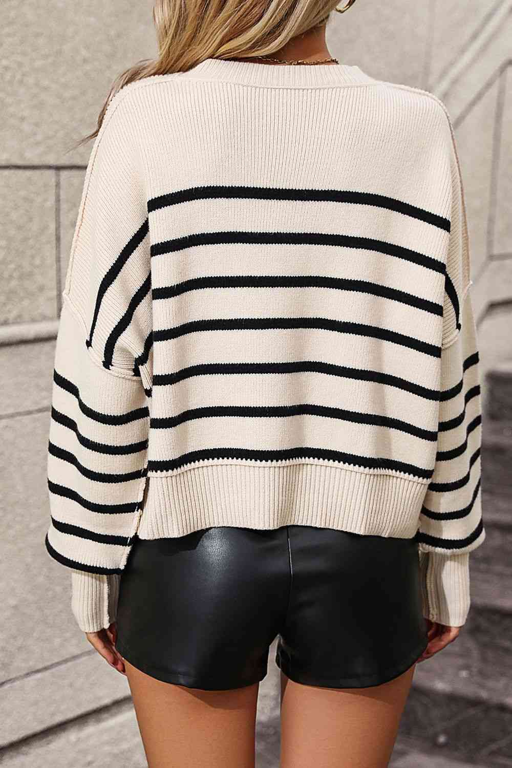 Striped Dropped Shoulder Round Neck Pullover Sweater - Guy Christopher 