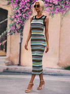 Striped Round Neck Sleeveless Midi Cover Up Dress - Guy Christopher 