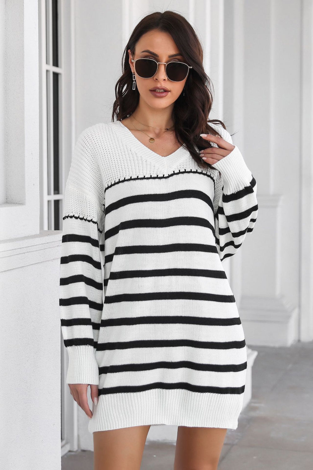 Striped V-Neck Drop Shulder Sweater Dress - Guy Christopher 
