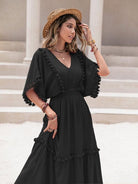 Tassel Trim Smocked V-Neck Short Sleeve Dress - Guy Christopher 