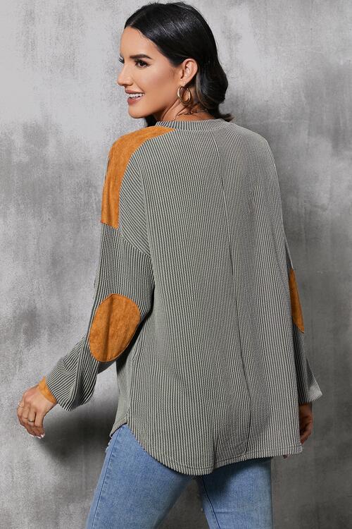 Striped Notched Long Sleeve Blouse - Guy Christopher 
