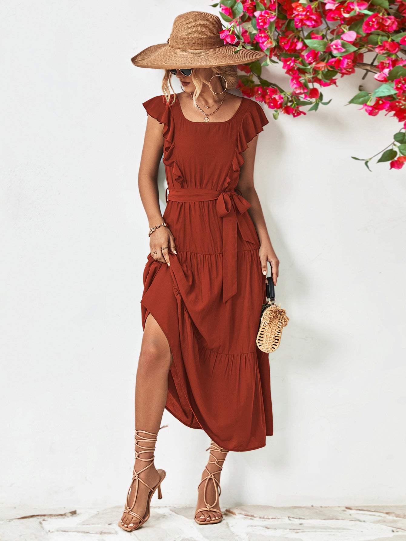 Tie Belt Ruffled Tiered Dress - Guy Christopher 