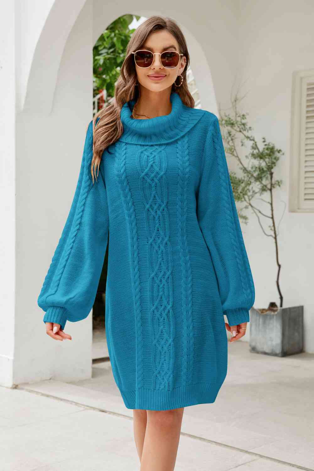 Woven Right Mixed Knit Turtleneck Lantern Sleeve Sweater Dress - Guy Christopher 