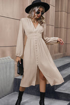 V-Neck Buttoned Slit Dress - Guy Christopher 