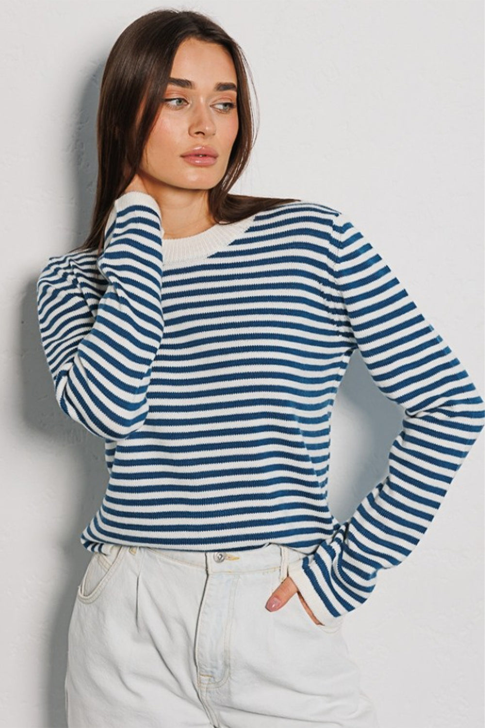 Striped Round Neck Long Sleeve Sweater - Guy Christopher 