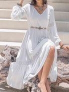 Tie Neck Balloon Sleeve Midi Dress - Guy Christopher 