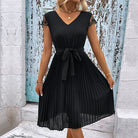 V-Neck Tie Belt Pleated Dress - Guy Christopher 