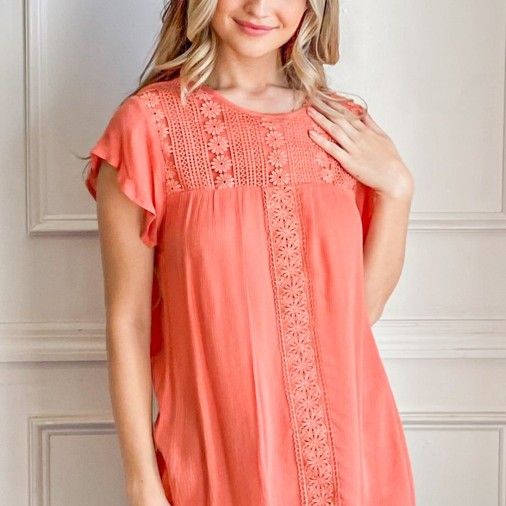 And The Why Lace Detail Ruffle Short Sleeve Blouse