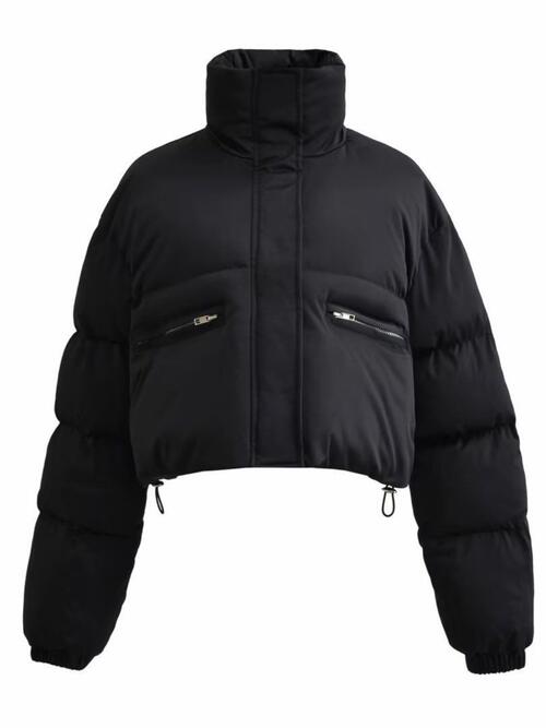 Snap and Zip Closure Drawstring Cropped Winter Coat - Guy Christopher 