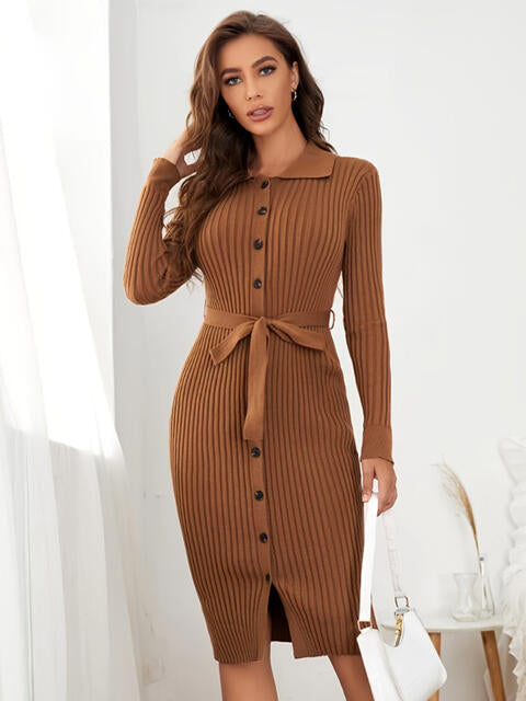 Collared Neck Button Up Ribbed Sweater Dress - Guy Christopher 