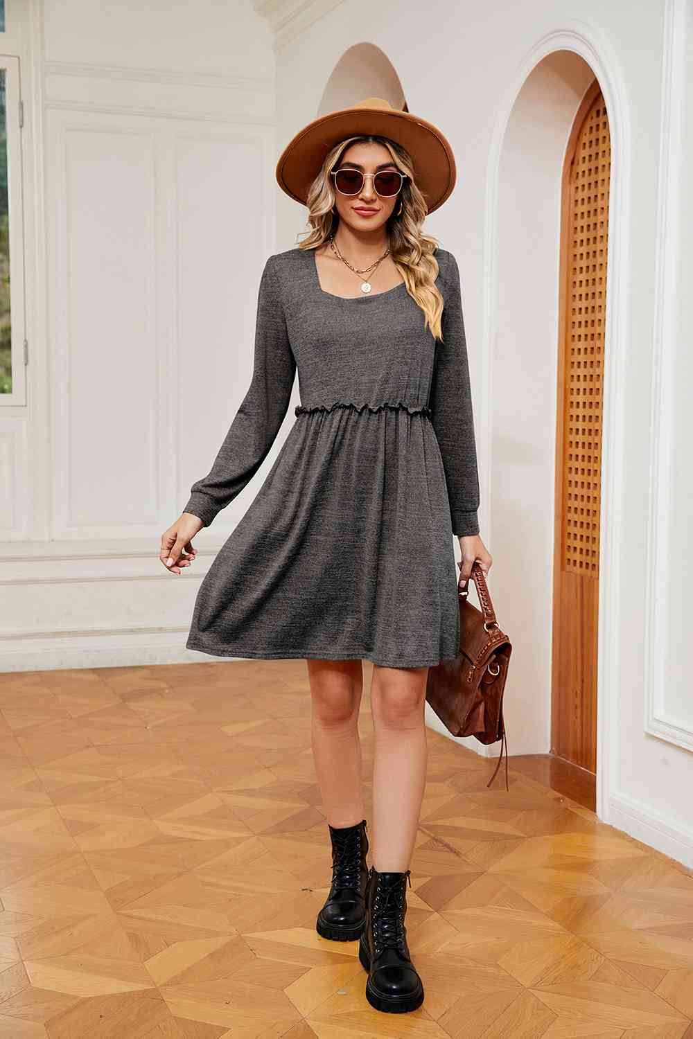 Square Neck Long Sleeve Dress - Guy Christopher 