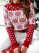 Snowflake Round Neck Long Sleeve Sweater - Guy Christopher 