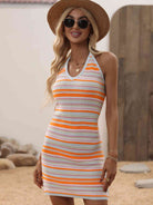 Striped Halter Neck Mini Sweater Dress - Guy Christopher 