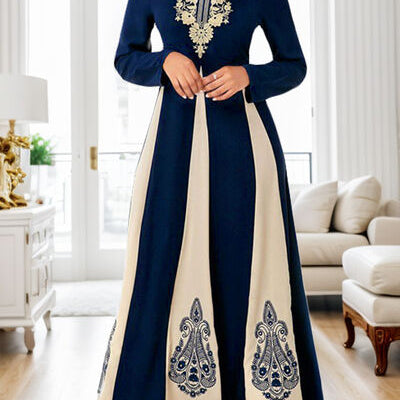 Printed Round Neck Long Sleeve Maxi Dress