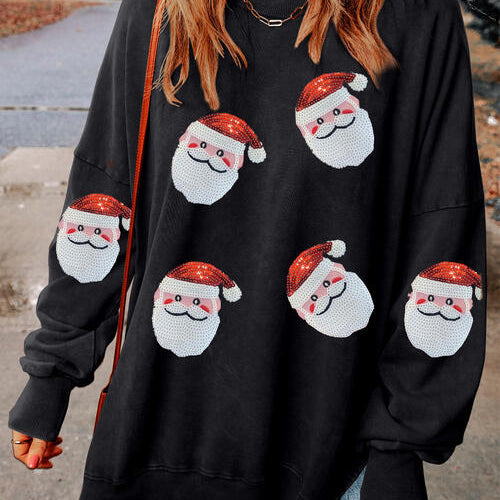 Sequin Santa Round Neck Slit Sweatshirt