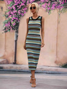 Striped Round Neck Sleeveless Midi Cover Up Dress - Guy Christopher 