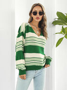 Striped V-Neck Long Sleeve Knit Top - Guy Christopher 