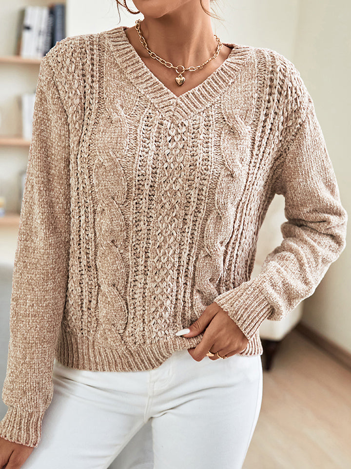 V-Neck Cable-Knit Long Sleeve Sweater - Guy Christopher 