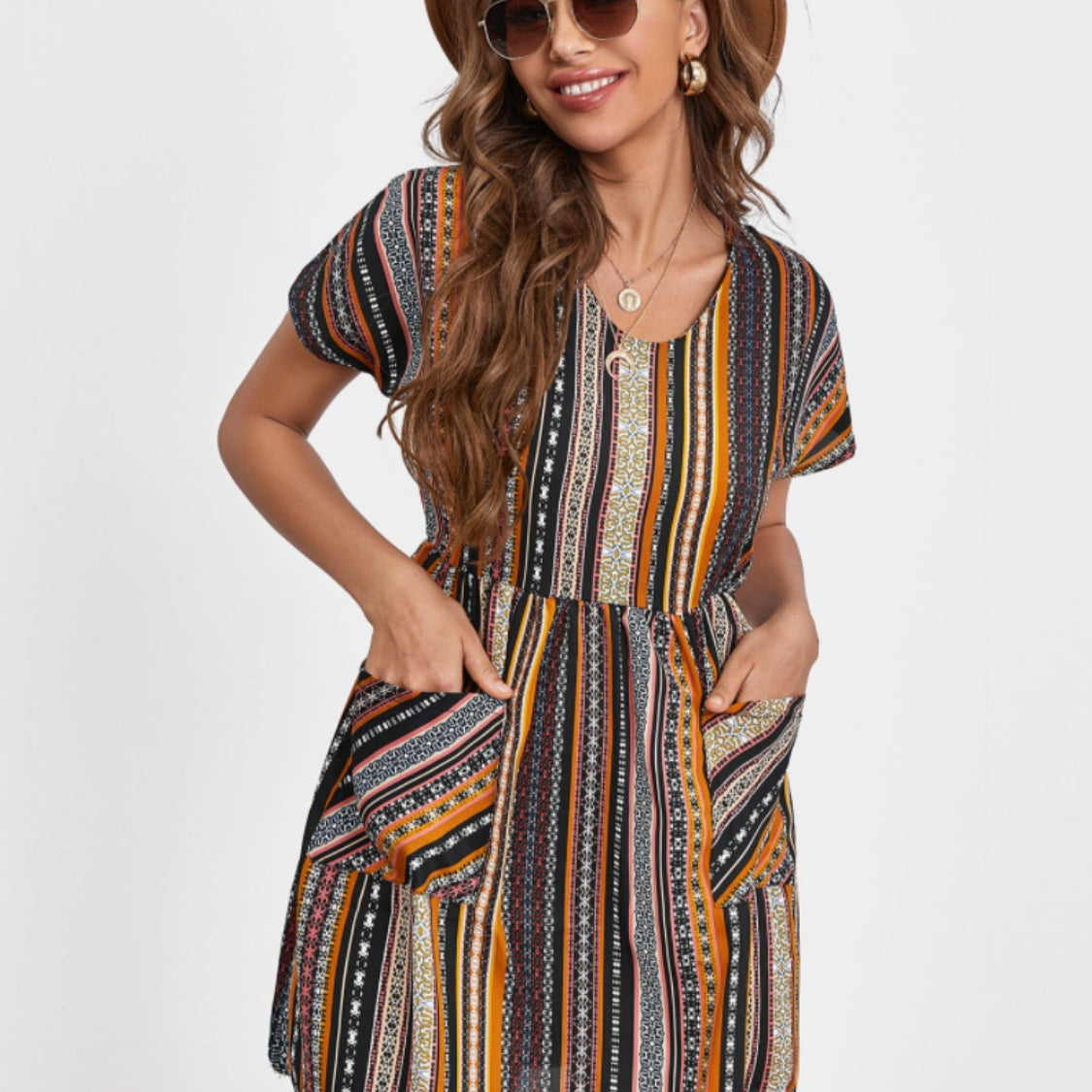 Pocketed Striped Short Sleeve Dress
