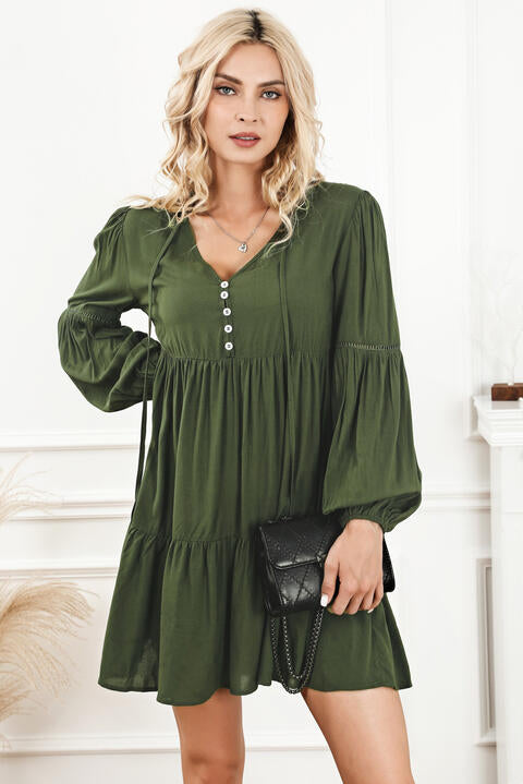 Tie Neck Long Sleeve Tiered Dress - Guy Christopher 