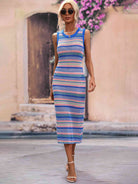 Striped Round Neck Sleeveless Midi Cover Up Dress - Guy Christopher 