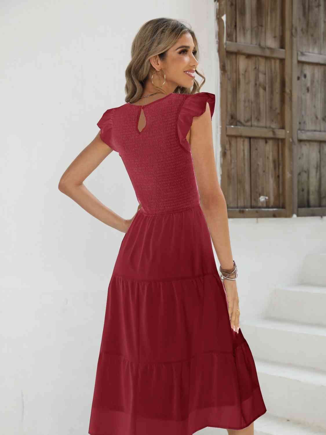 Smocked Round Neck Tiered Dress - Guy Christopher 