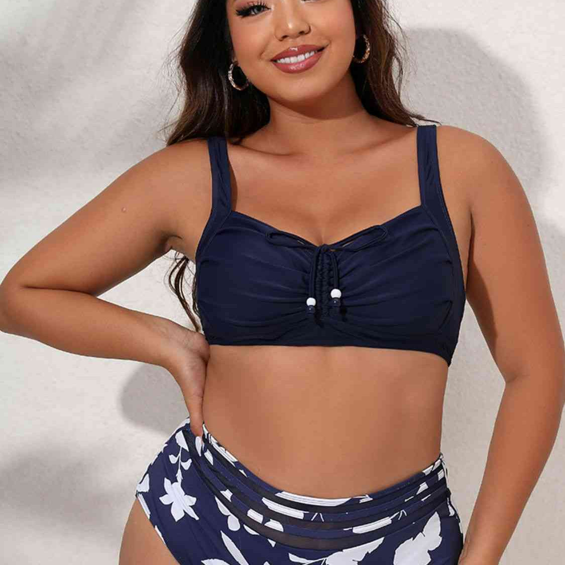 Plus Size Printed Gathered Detail Bikini Set